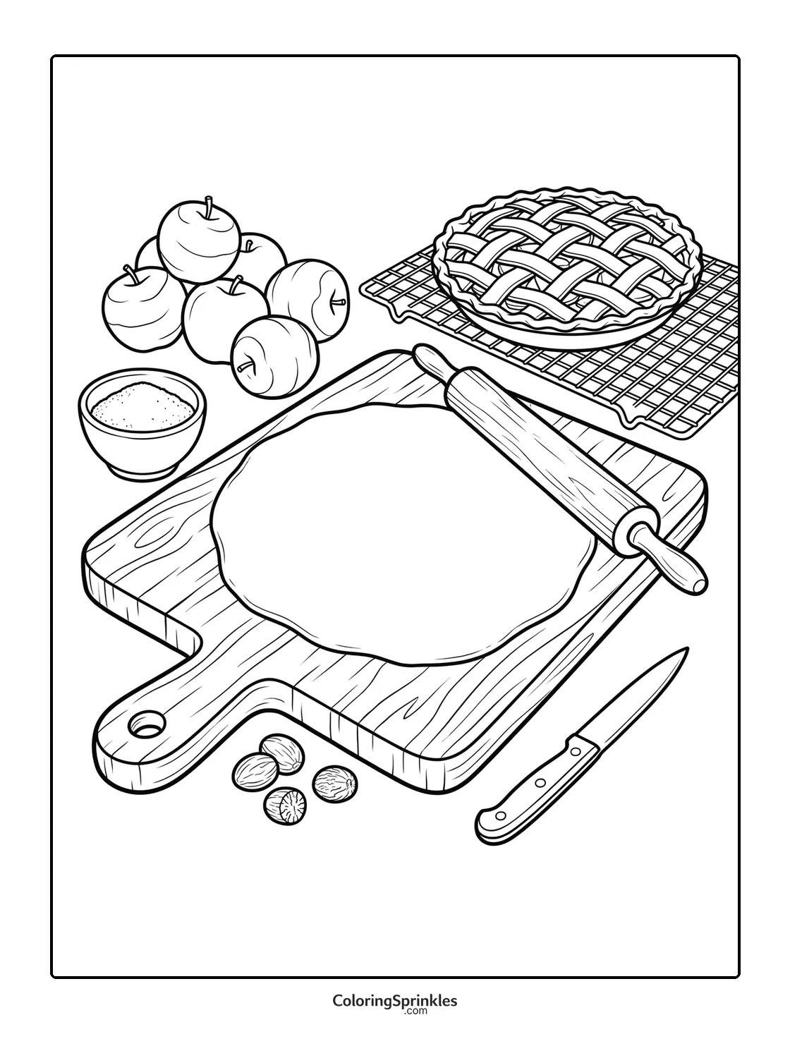Coloring page of apple pie baking with rolling pin and cutting board