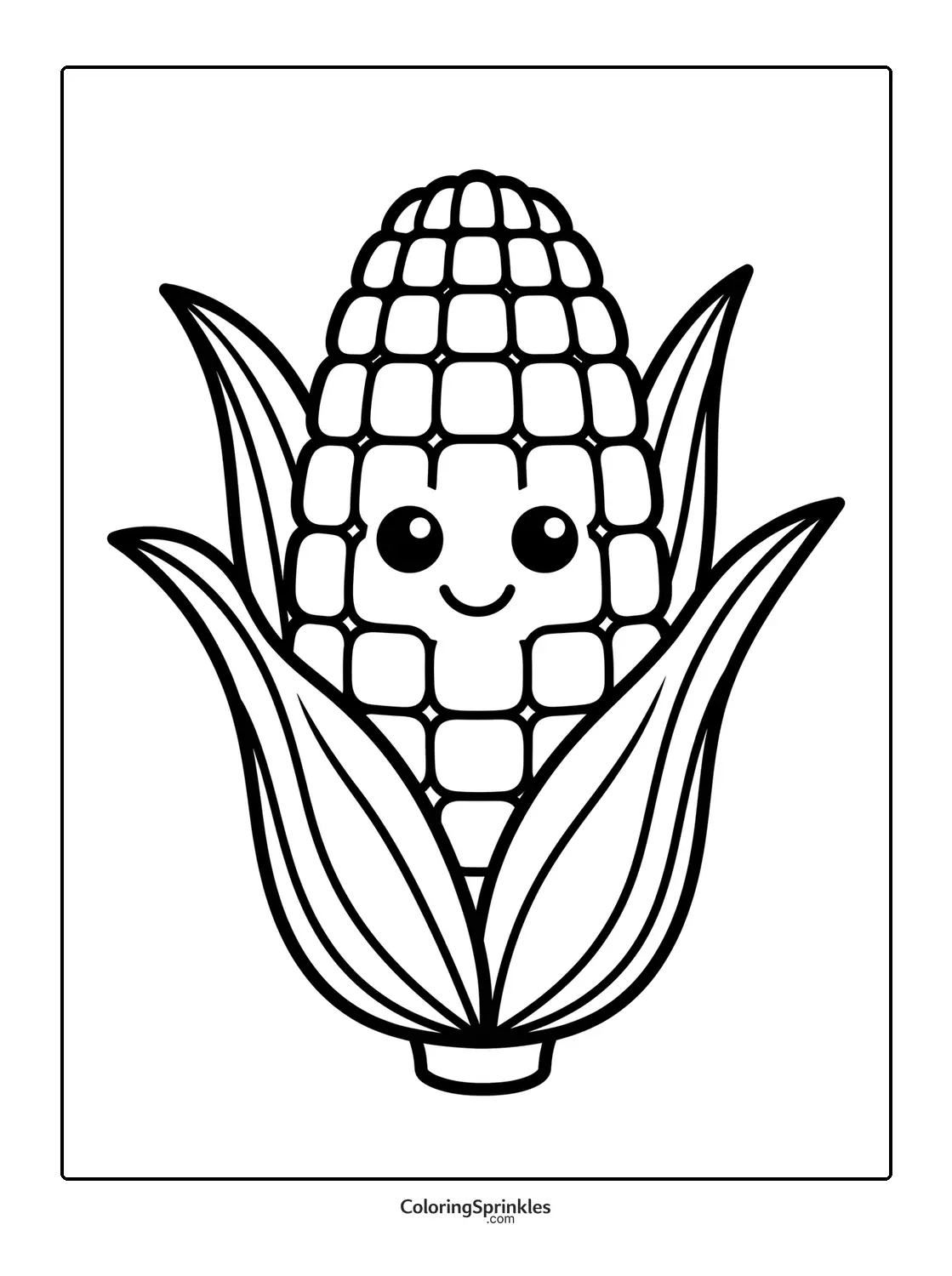 Coloring page of a cute corn cob with ears and husk