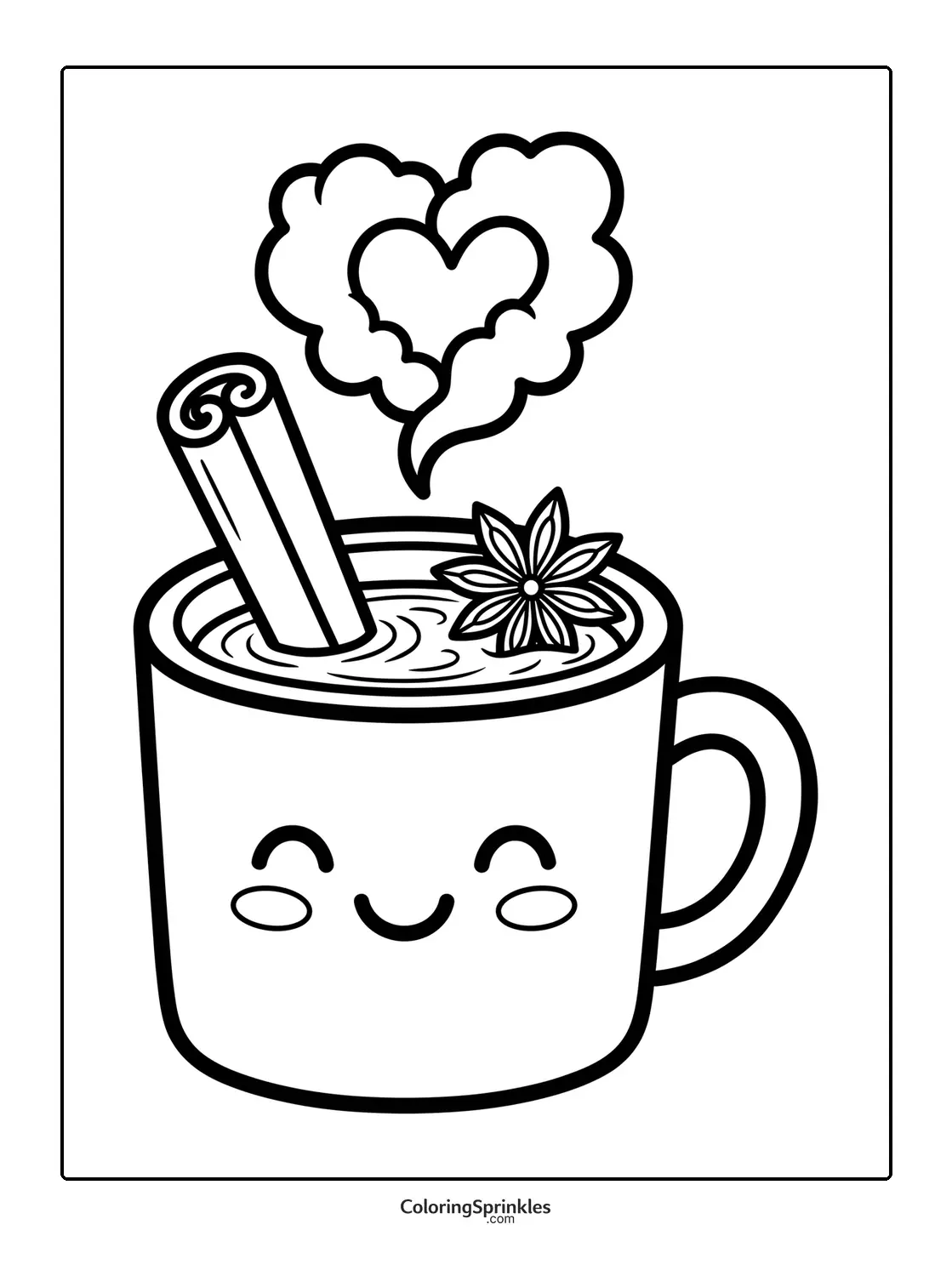 Coloring page of a cute mug with a hot drink, cinnamon stick and heart-shaped steam