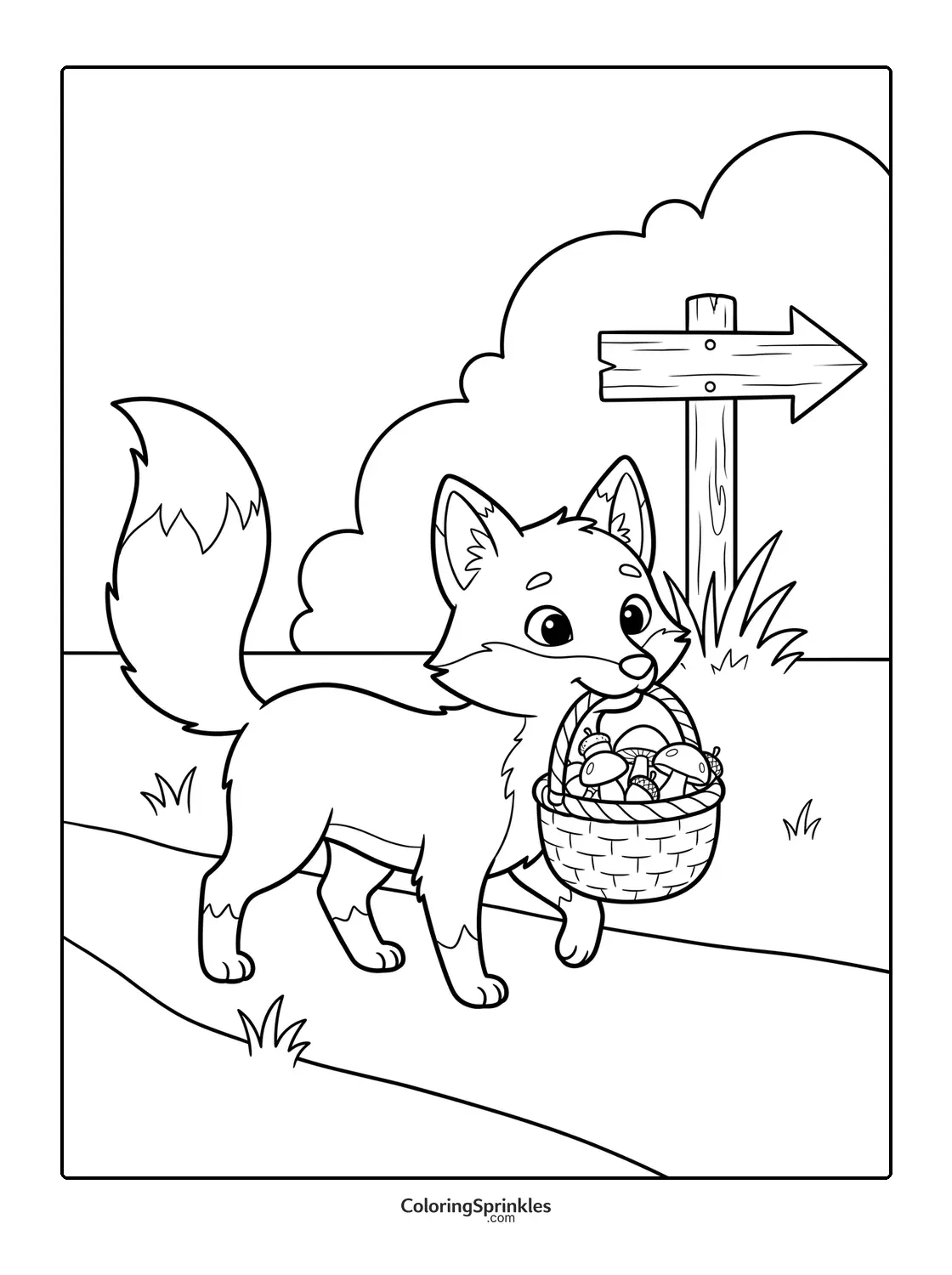 Coloring page of a fox carrying a basket of mushrooms on a pathway