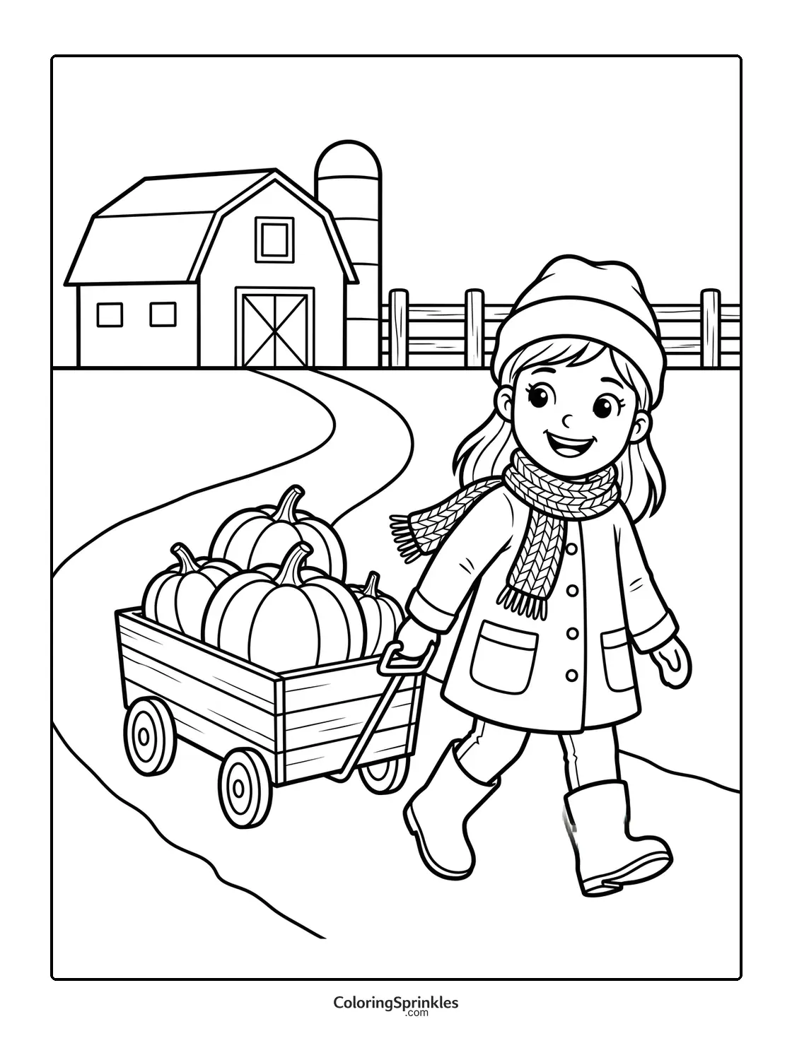 Coloring page of a girl pulling a wagon full of pumpkins on a farm