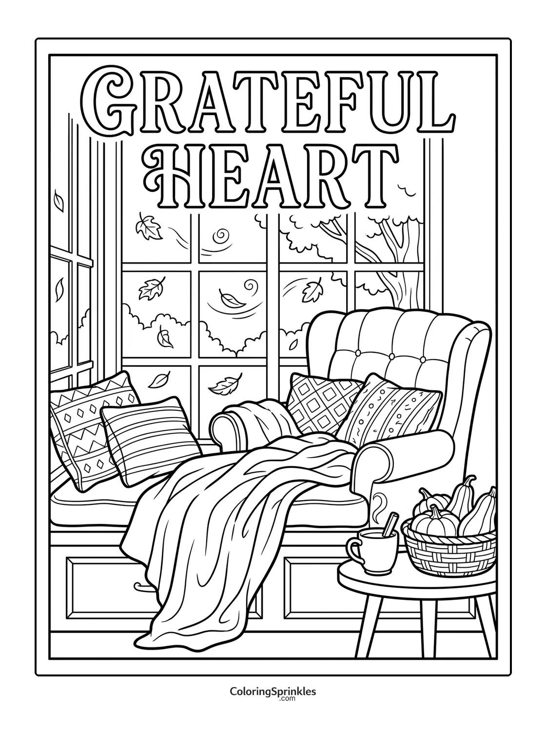 Coloring page of a cozy window seat with pillows, blanket, and fall decor
