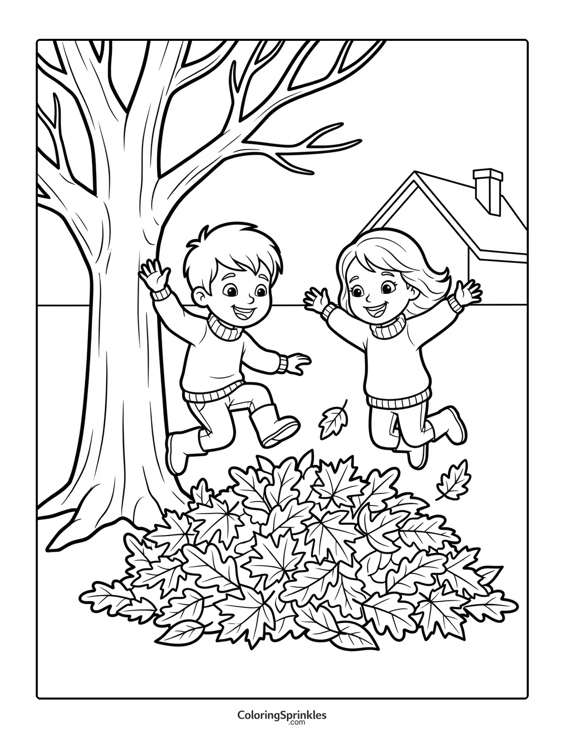 Coloring page of kids jumping into a pile of leaves near a tree and house