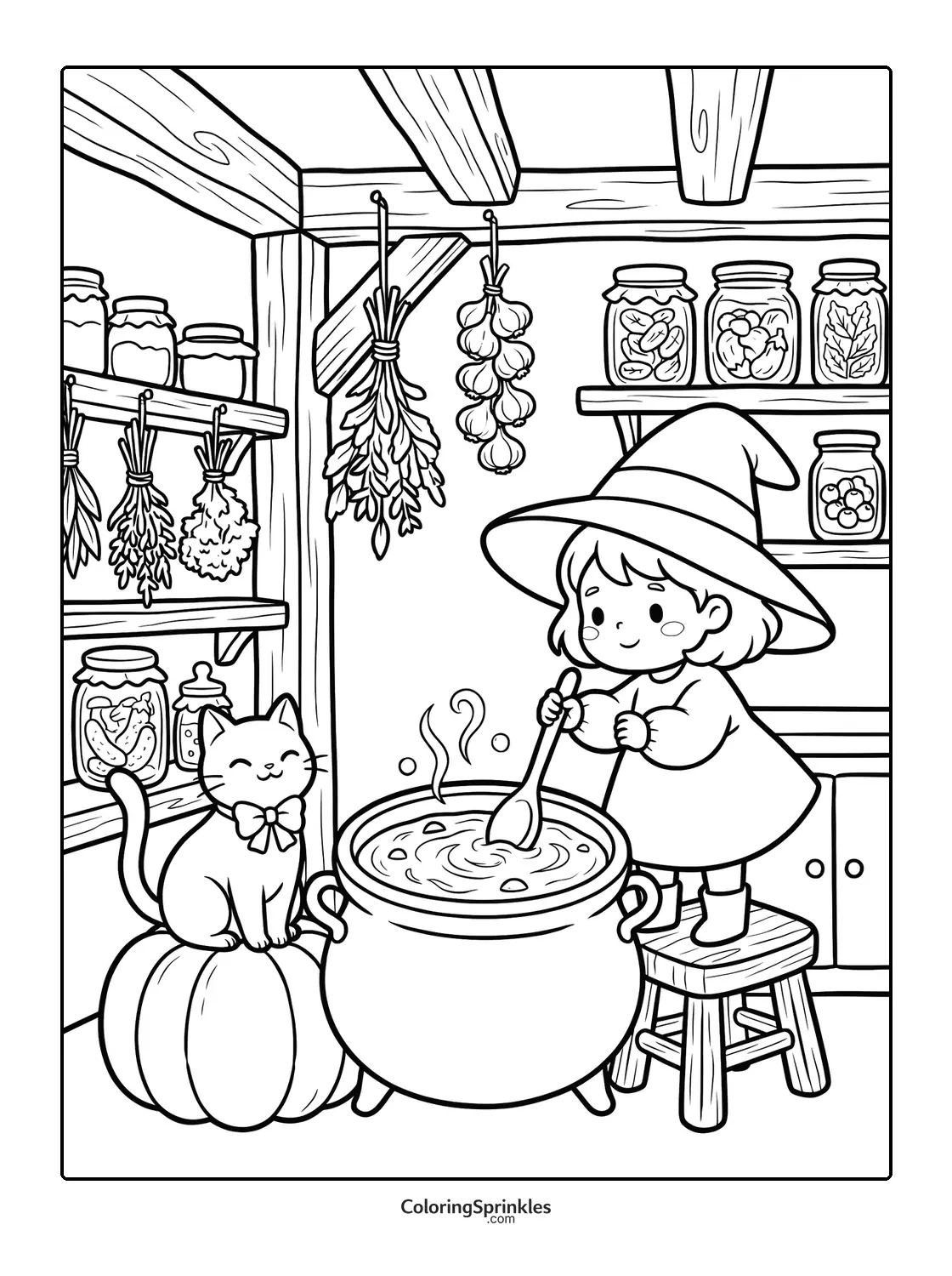 Coloring page of a little witch cooking in a kitchen with a cat and pumpkin