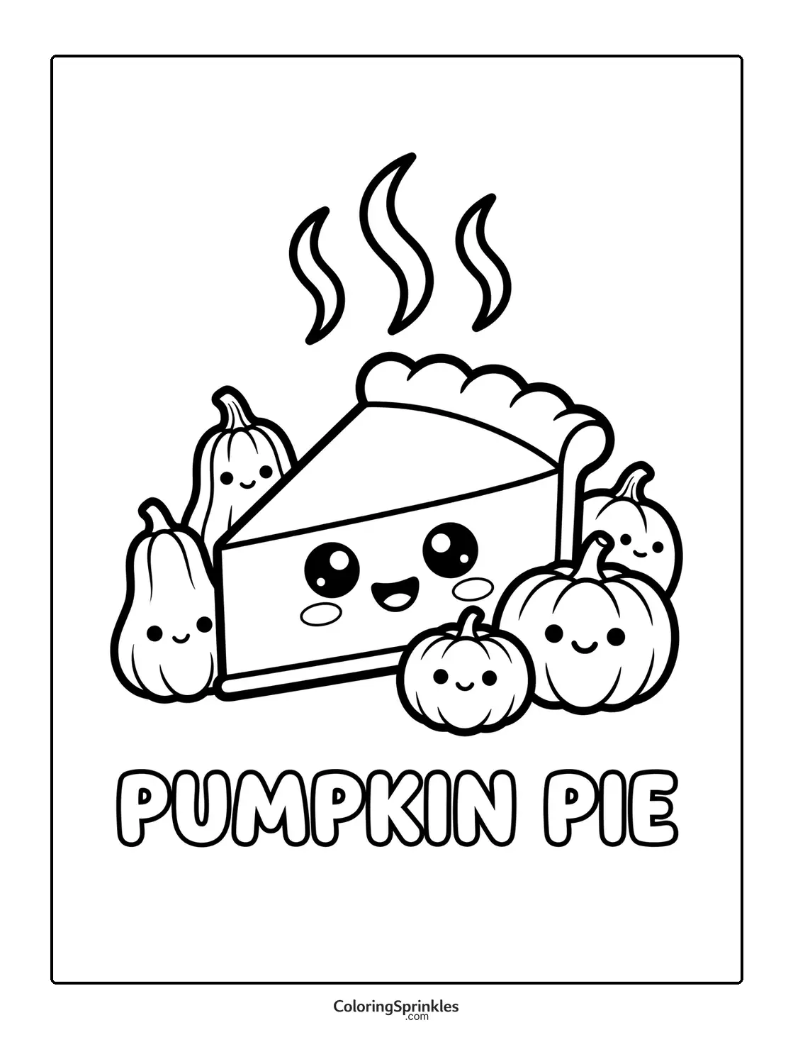 Coloring page of a smiling pumpkin pie slice with happy pumpkins