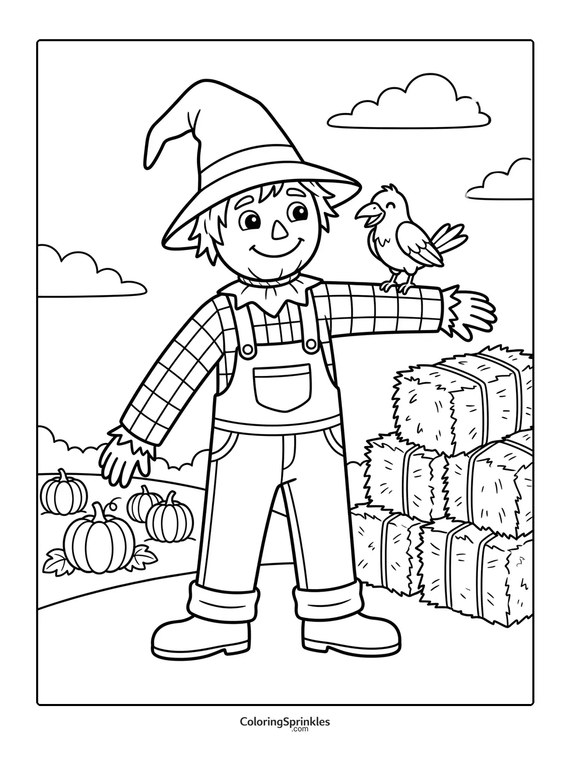 Coloring page of a scarecrow with a bird on its arm near pumpkins and hay bales