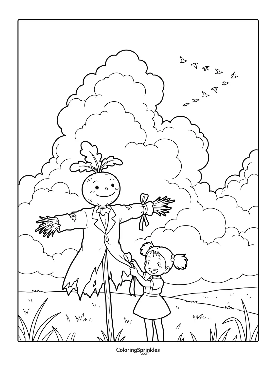 Coloring page of a girl tying a ribbon on a scarecrow in a field