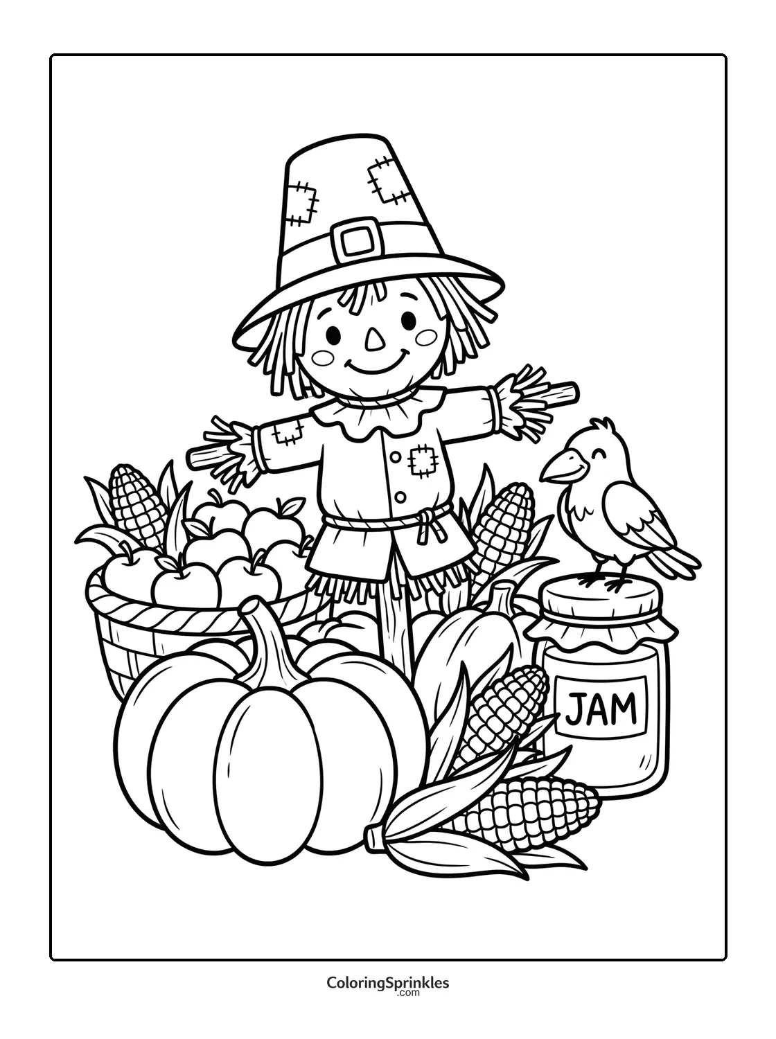 Coloring page of a scarecrow with pumpkin, corn, apples, jam jar and a bird
