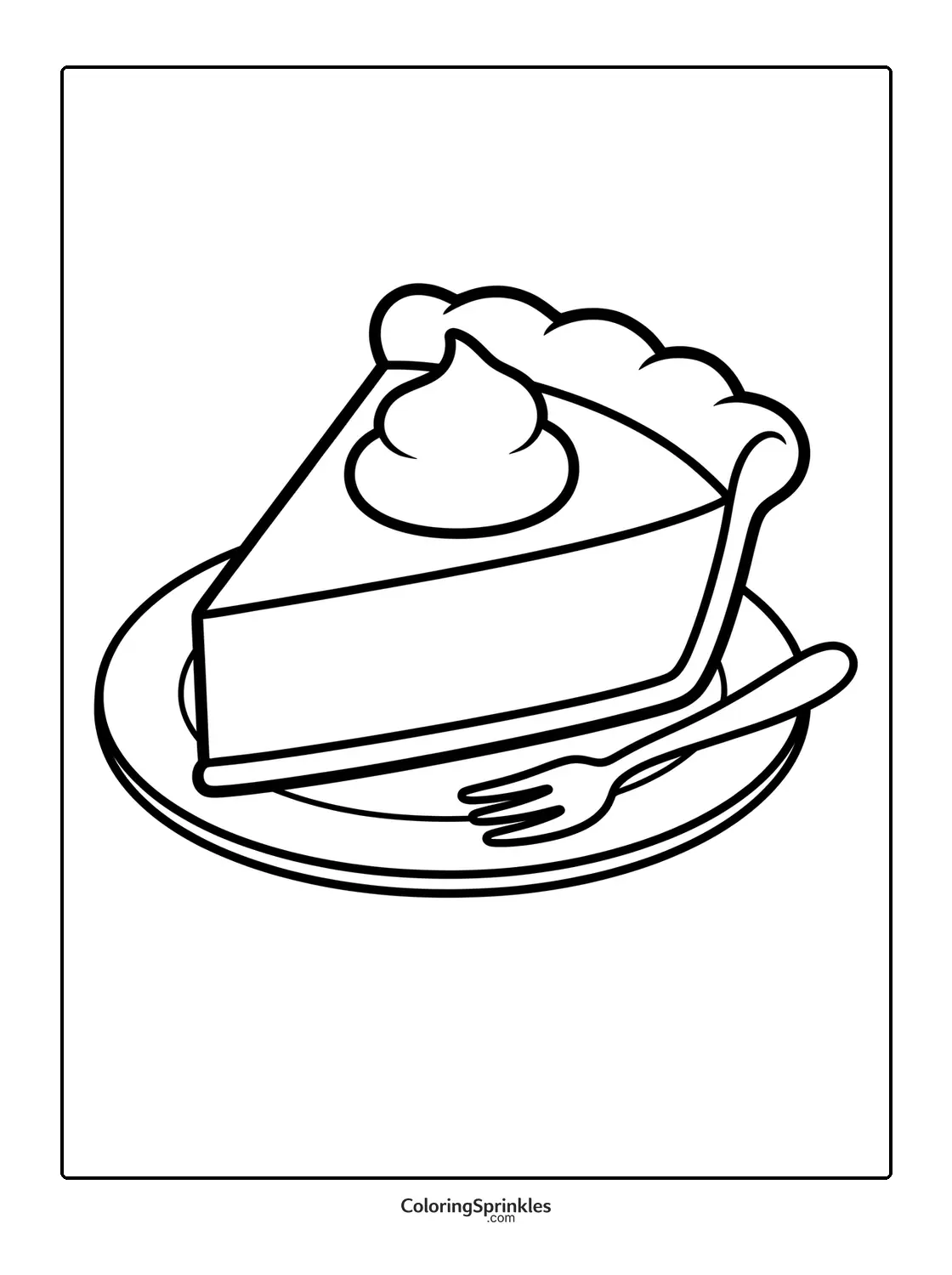 Coloring page of a slice of pie with whipped cream on a plate with a fork