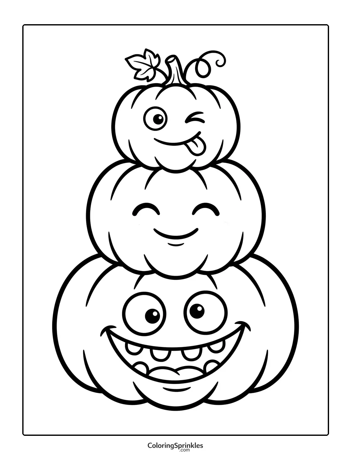 Coloring page of stacked pumpkins with funny faces