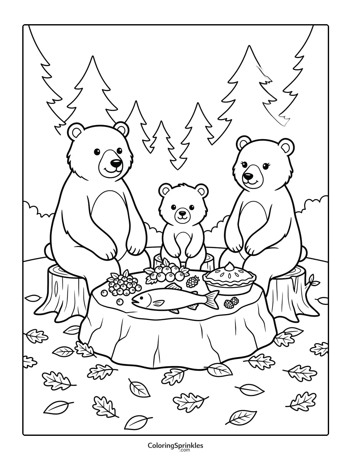 Coloring page of a bear family having a Thanksgiving picnic in the forest