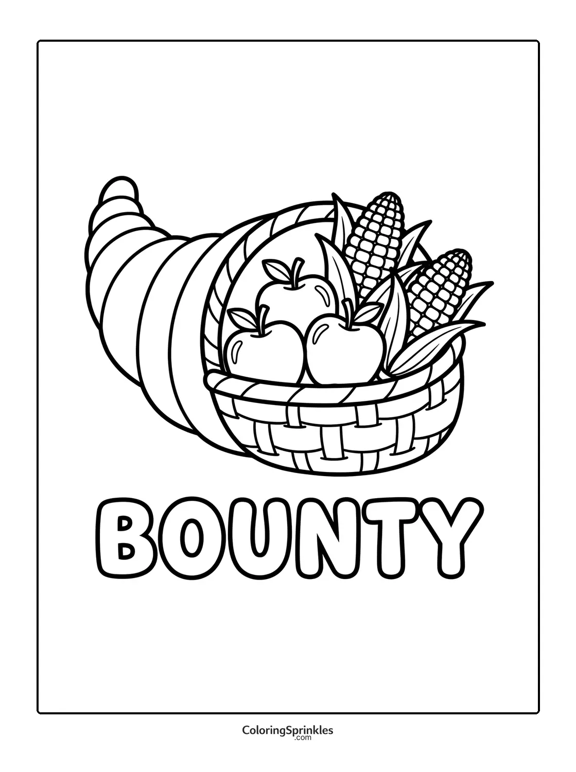 Coloring page of a Thanksgiving cornucopia with apples and corn