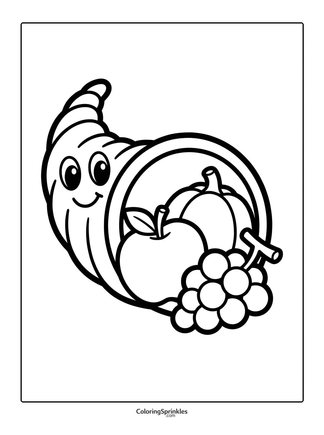 Coloring page of a smiling cornucopia with fruits