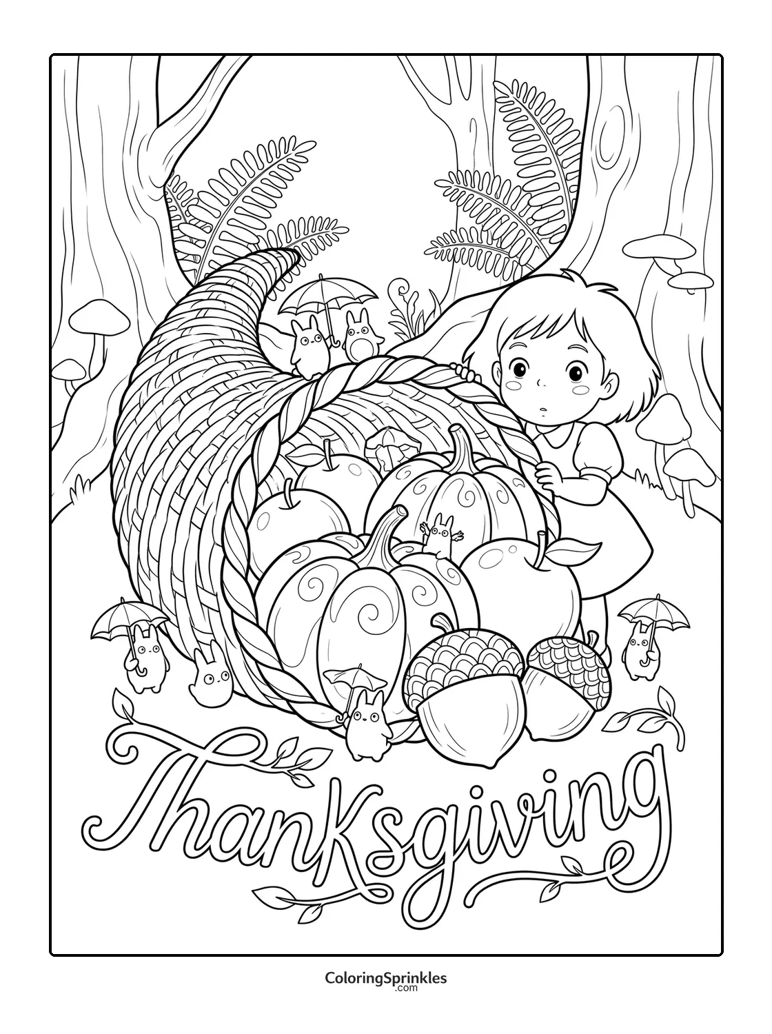 Coloring page of a girl with a Thanksgiving cornucopia in a forest with small animals