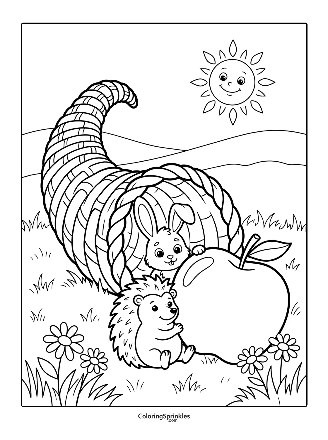 Coloring page of a Thanksgiving cornucopia with a hedgehog, rabbit and apple