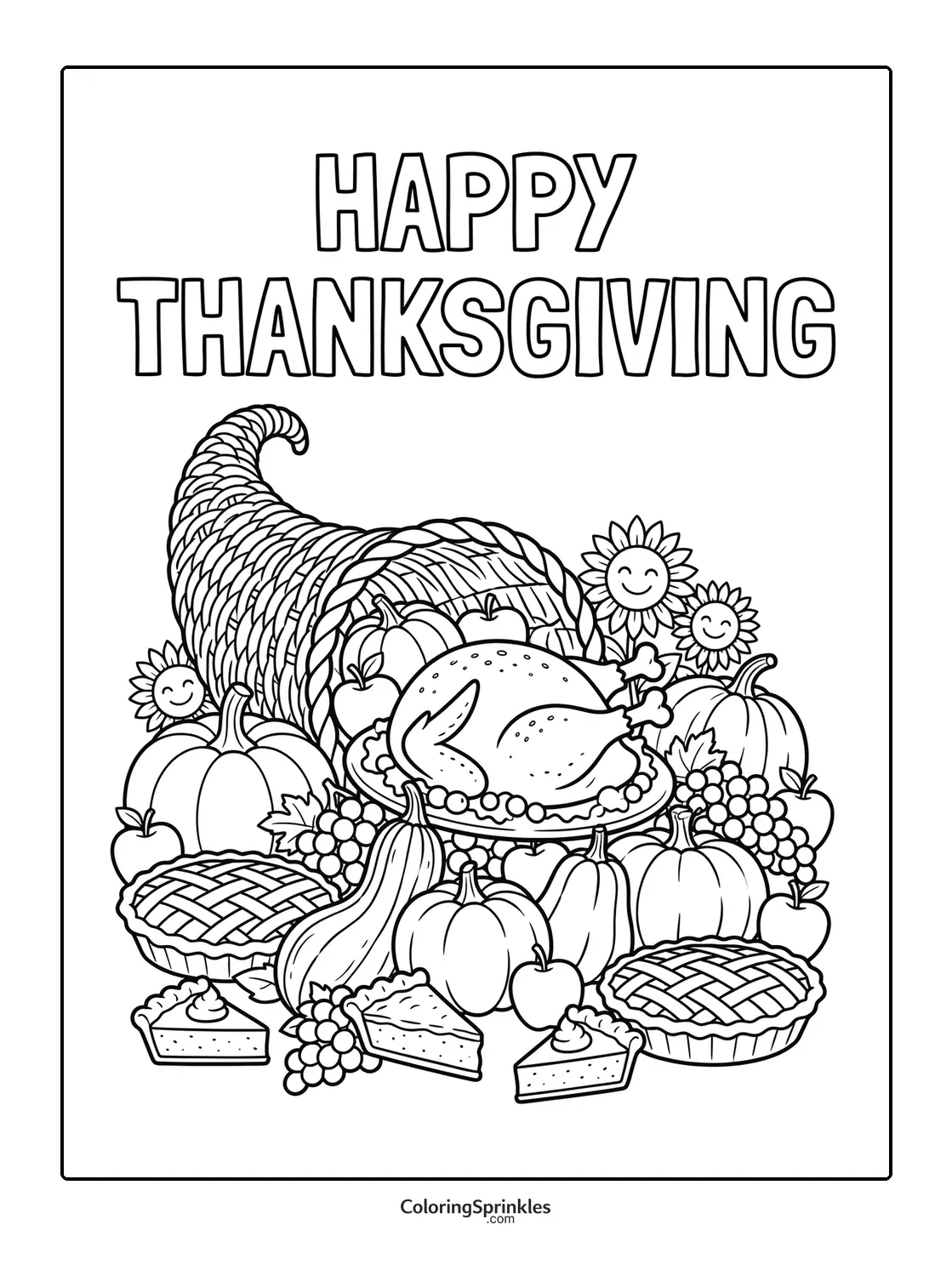 Coloring page of a Thanksgiving cornucopia with turkey, pies, pumpkins and fruits