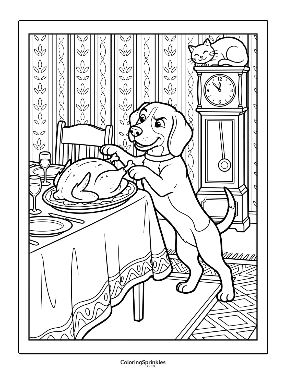 Coloring page of a dog stealing a turkey from a Thanksgiving table with a cat on a grandfather clock