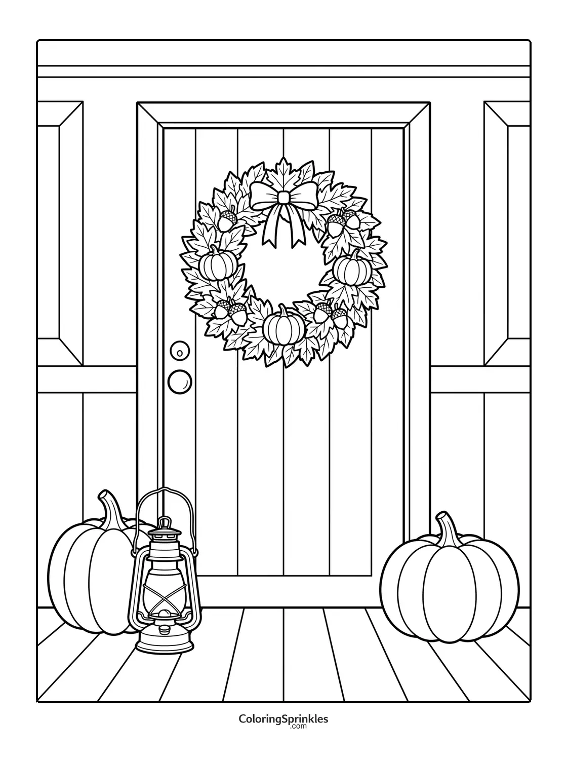 Coloring page of a Thanksgiving door decorated with a wreath, pumpkins, and a lantern