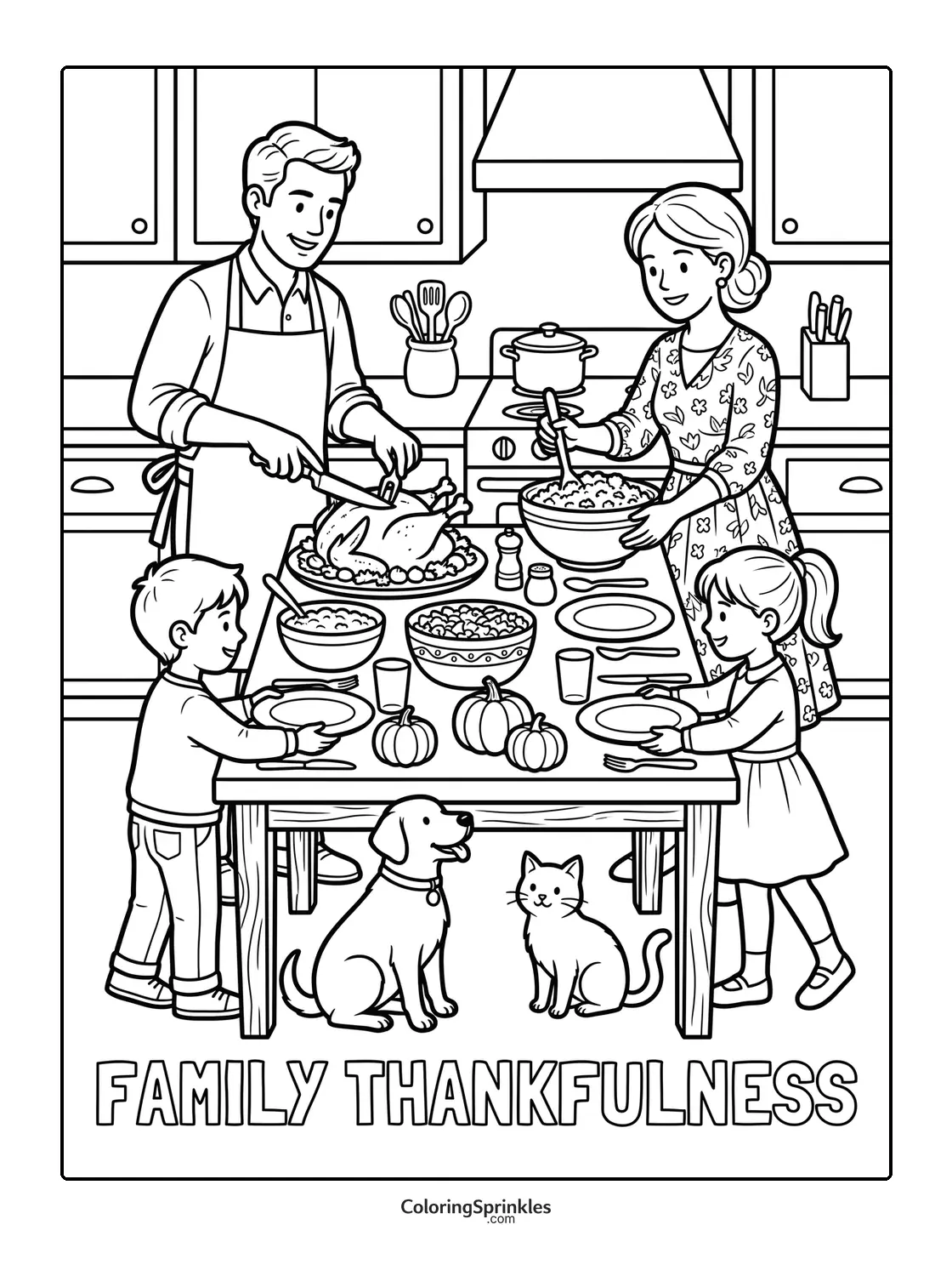 Coloring page of a family preparing a Thanksgiving meal in the kitchen with pets