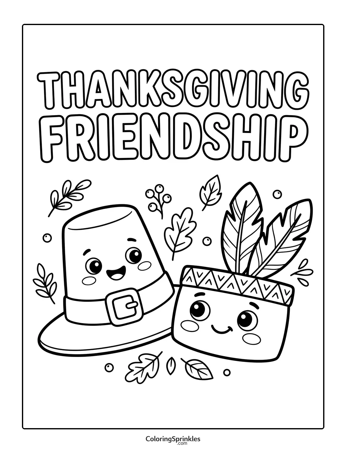 Coloring page of Thanksgiving friendship with a pilgrim hat and feathered headband