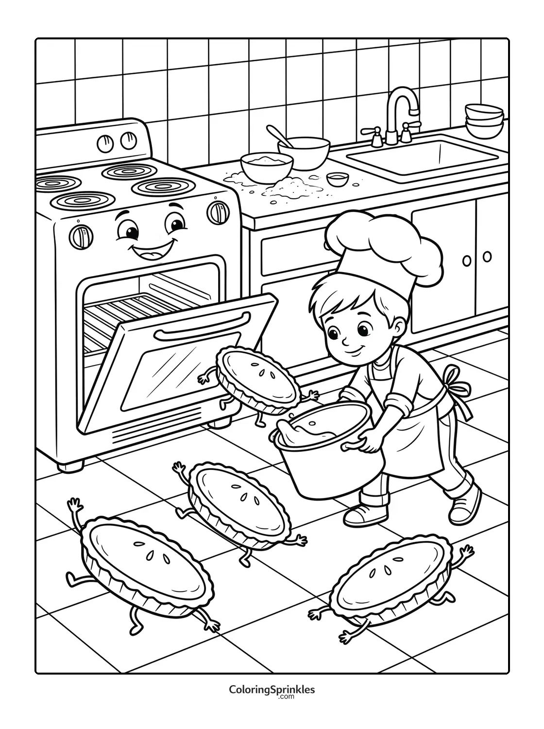 Coloring page of a kid chef baking animated pies in a kitchen