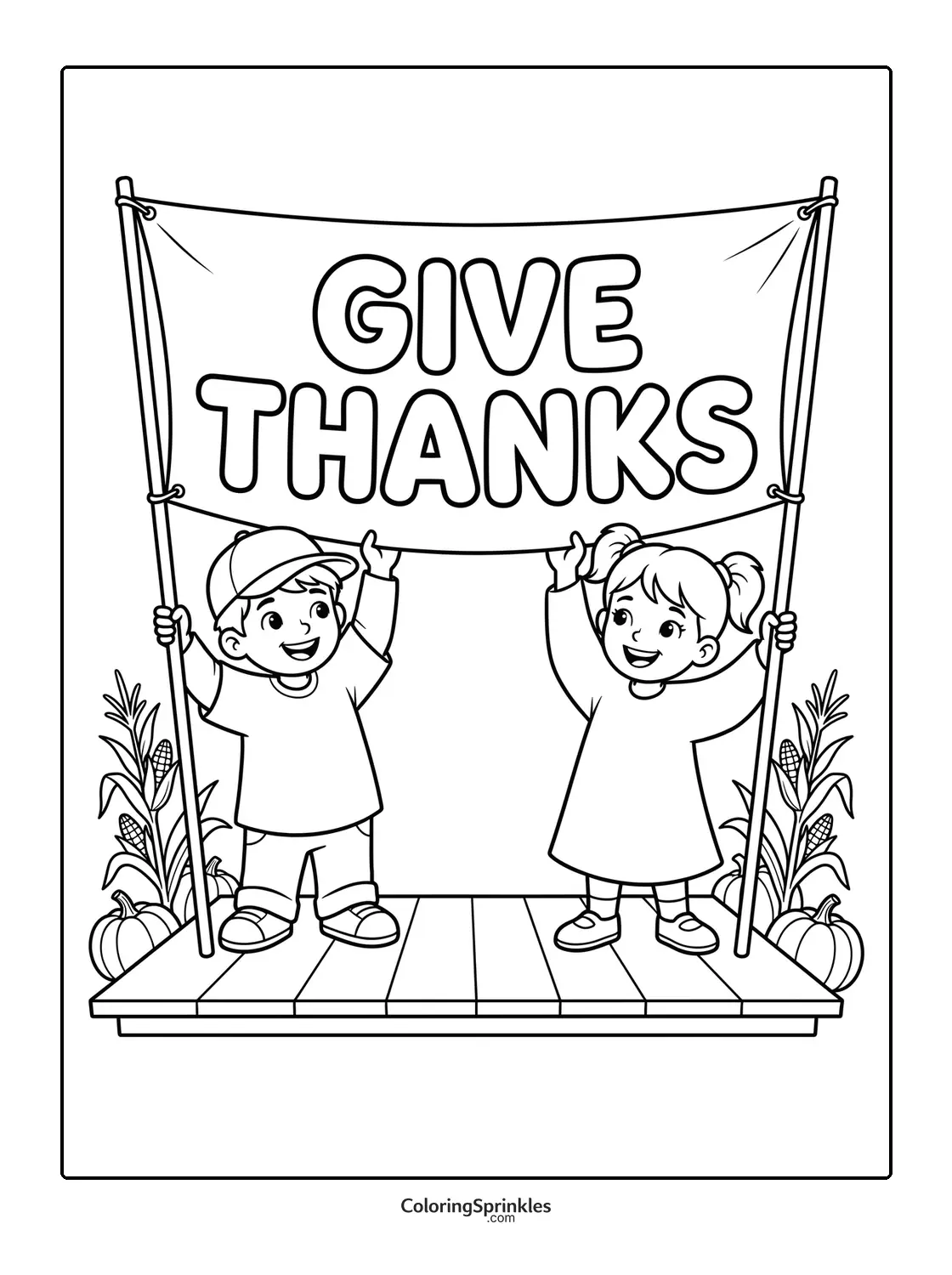 Coloring page of two kids holding a Give Thanks banner on a wooden platform
