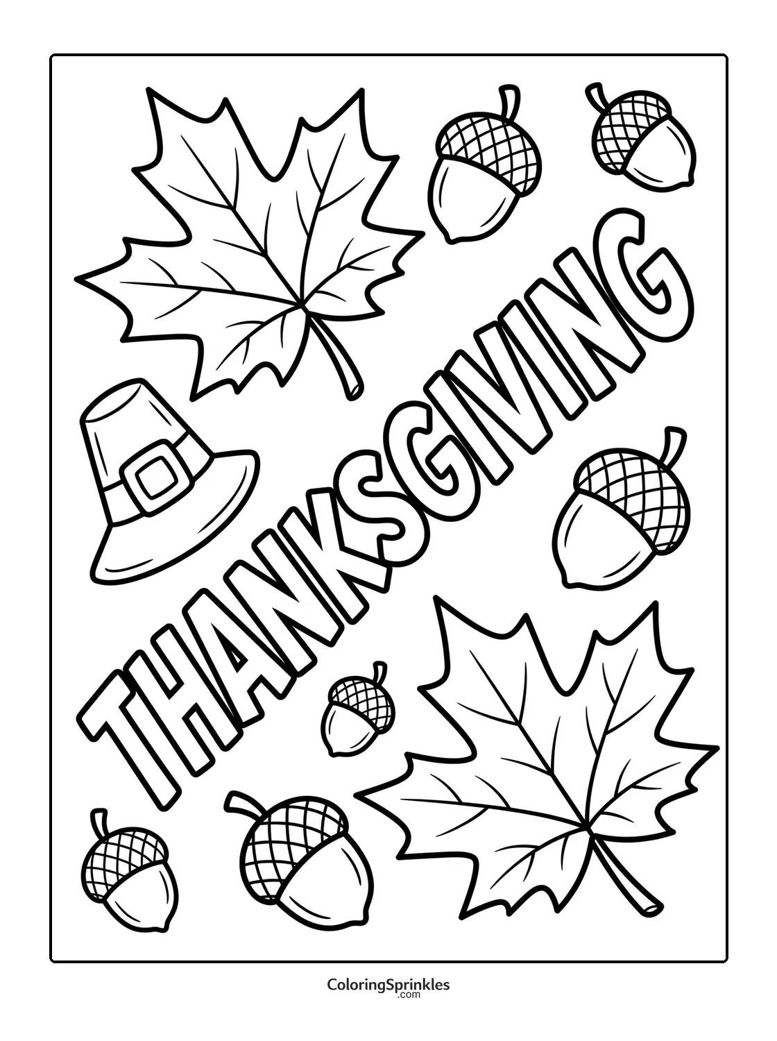 Coloring page of Thanksgiving text with leaves, acorns, and a pilgrim hat
