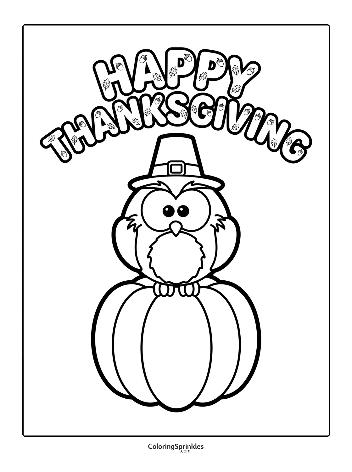Coloring page of a Thanksgiving owl sitting on a pumpkin wearing a pilgrim hat