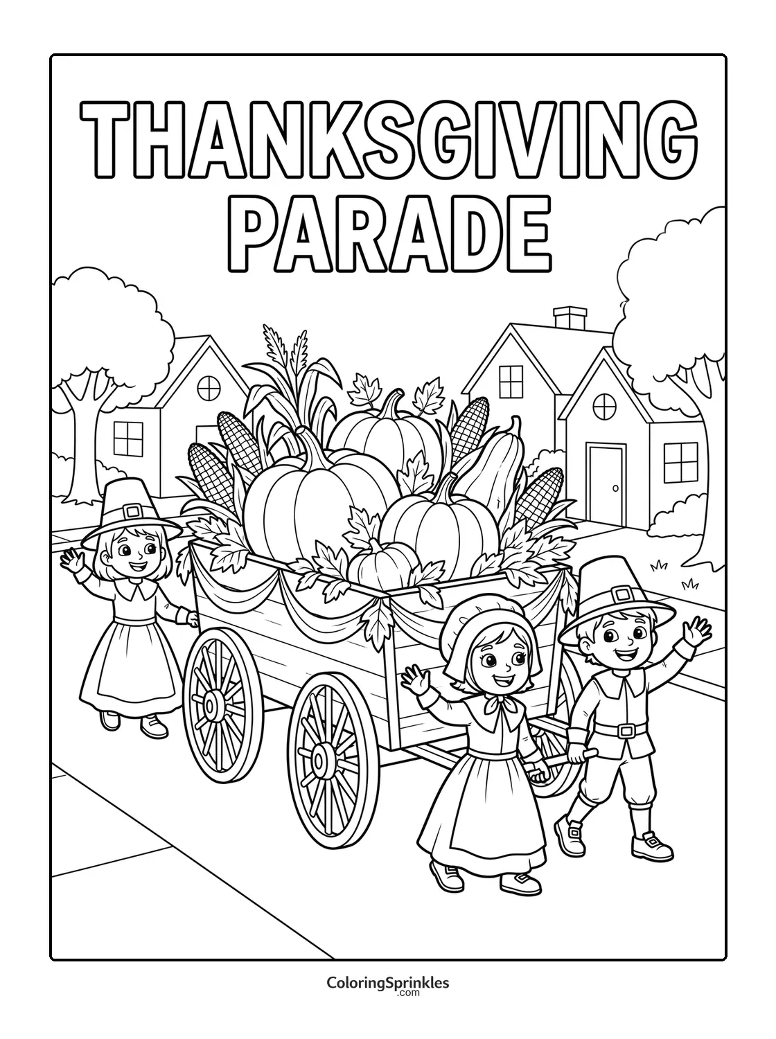 Coloring page of children in pilgrim costumes pulling a pumpkin cart in a Thanksgiving parade