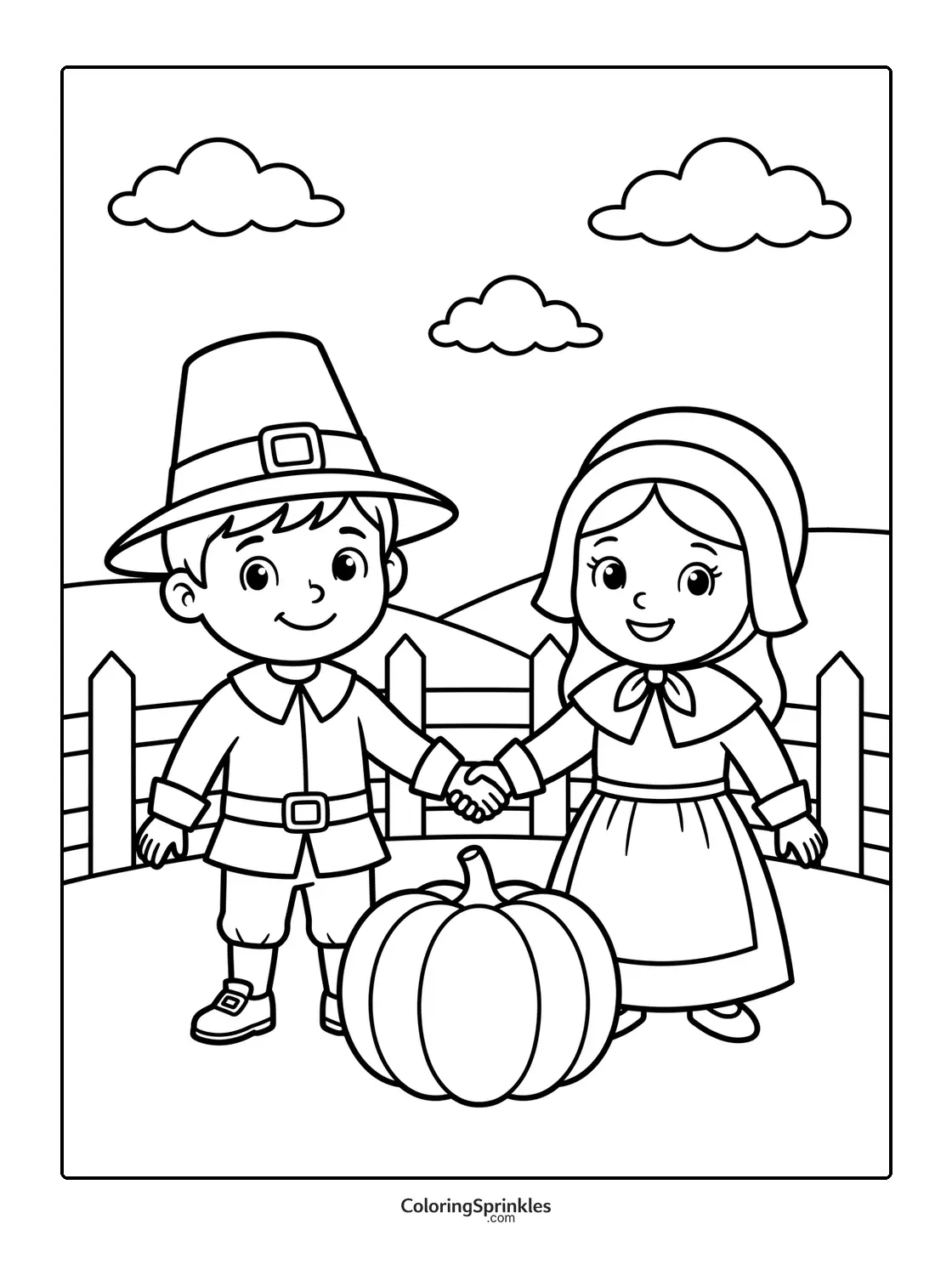 Coloring page of Thanksgiving pilgrim children holding hands by a pumpkin and fence