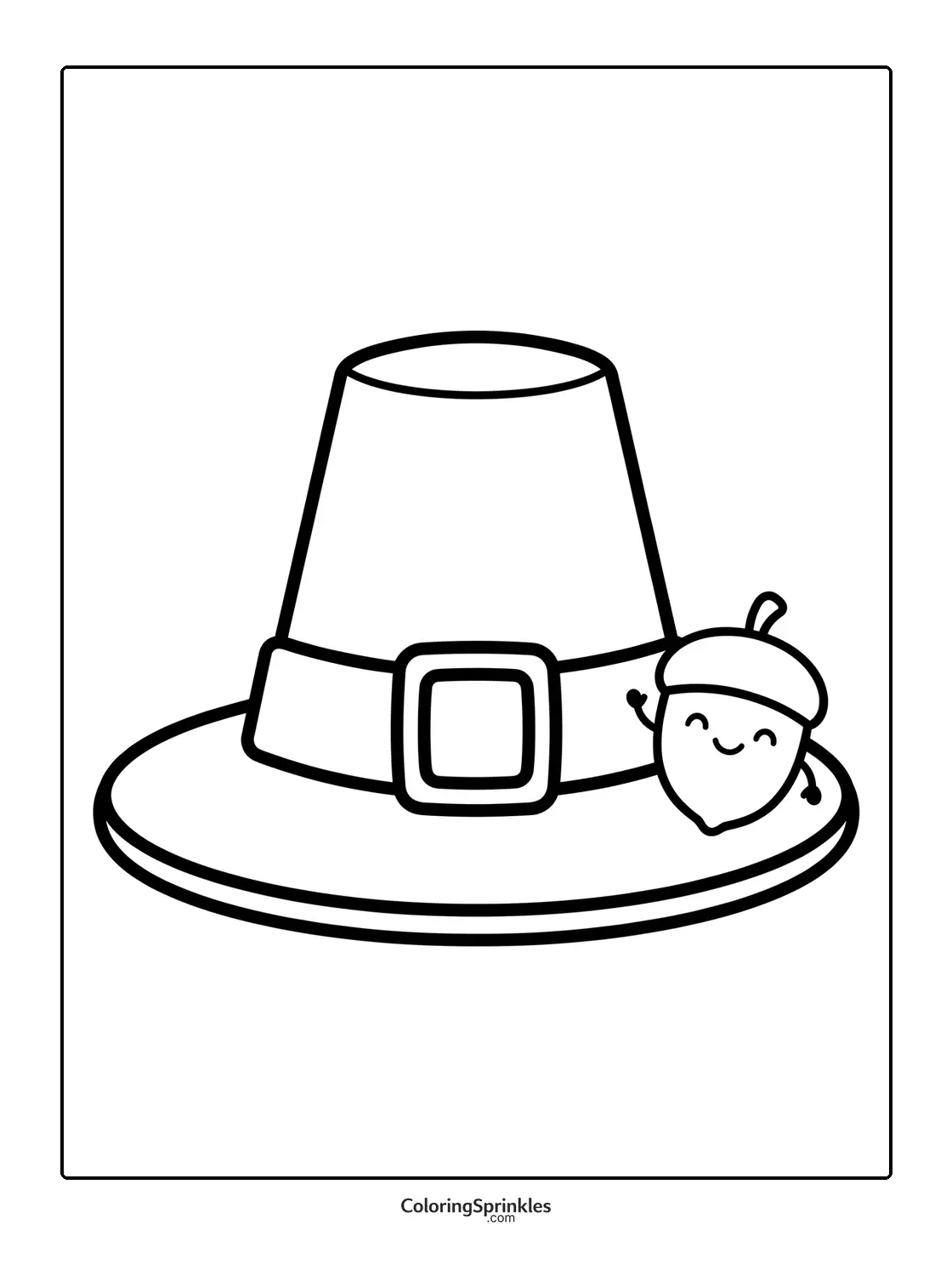 Coloring page of a Thanksgiving pilgrim hat with a smiling acorn