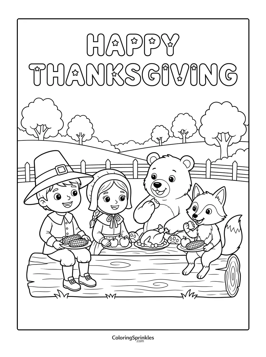 Coloring page of pilgrims and animals having a Thanksgiving picnic