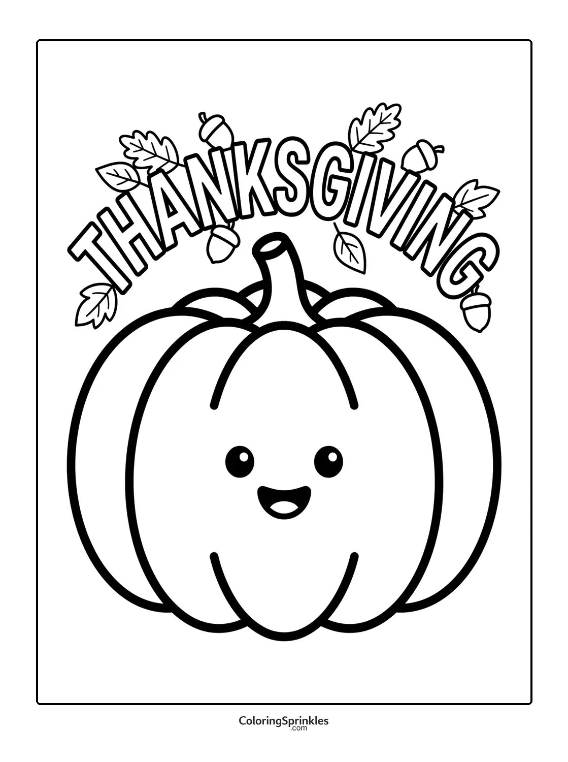 Coloring page of a smiling pumpkin with acorns and leaves and the word thanksgiving