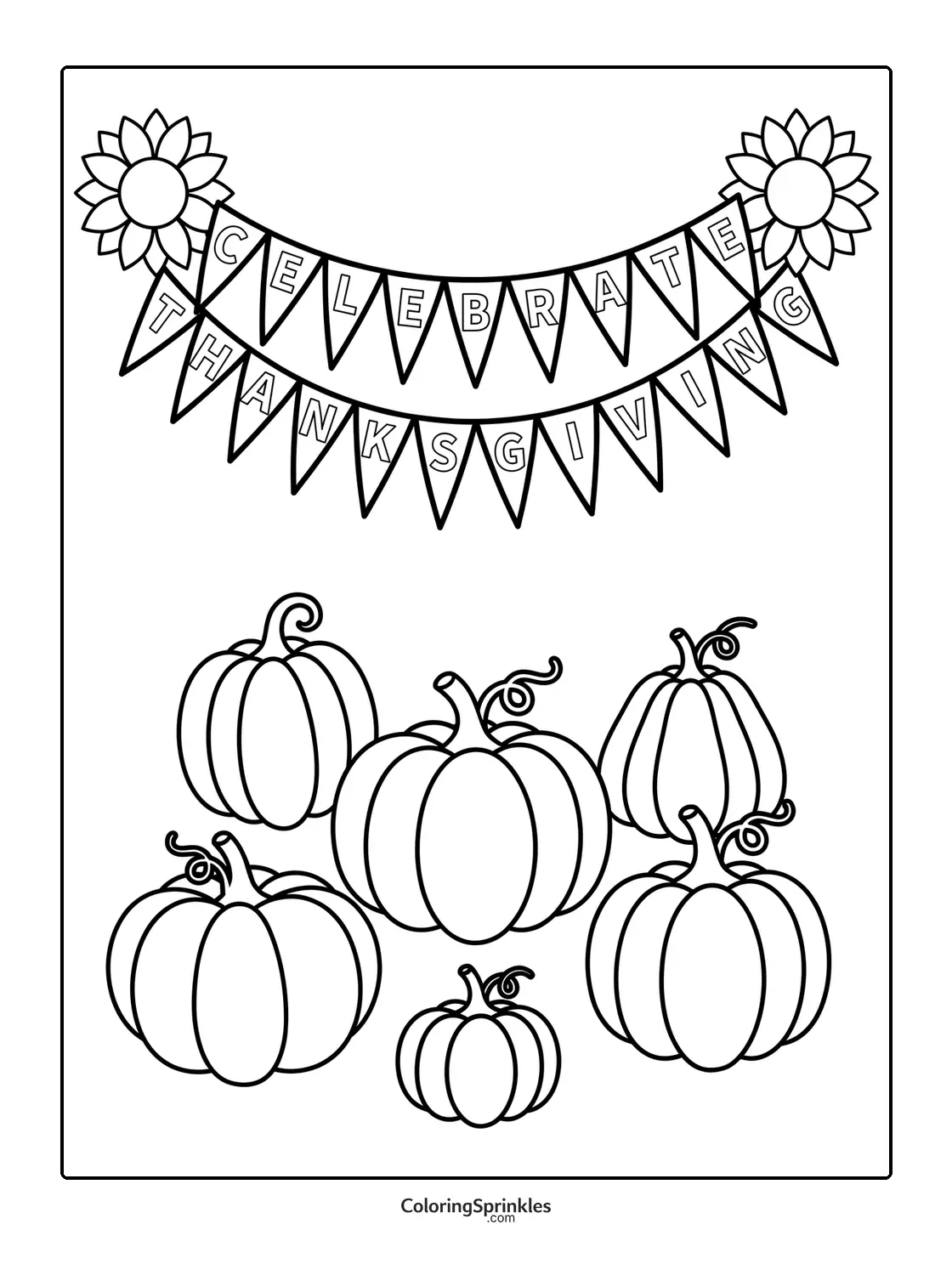 Coloring page of pumpkins with a celebrate thanksgiving banner