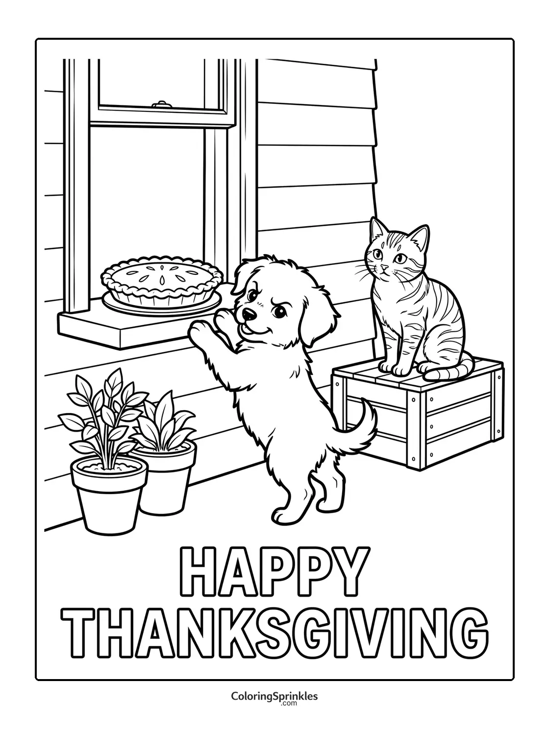 Coloring page of a puppy reaching for a pie on a window ledge with a cat sitting nearby