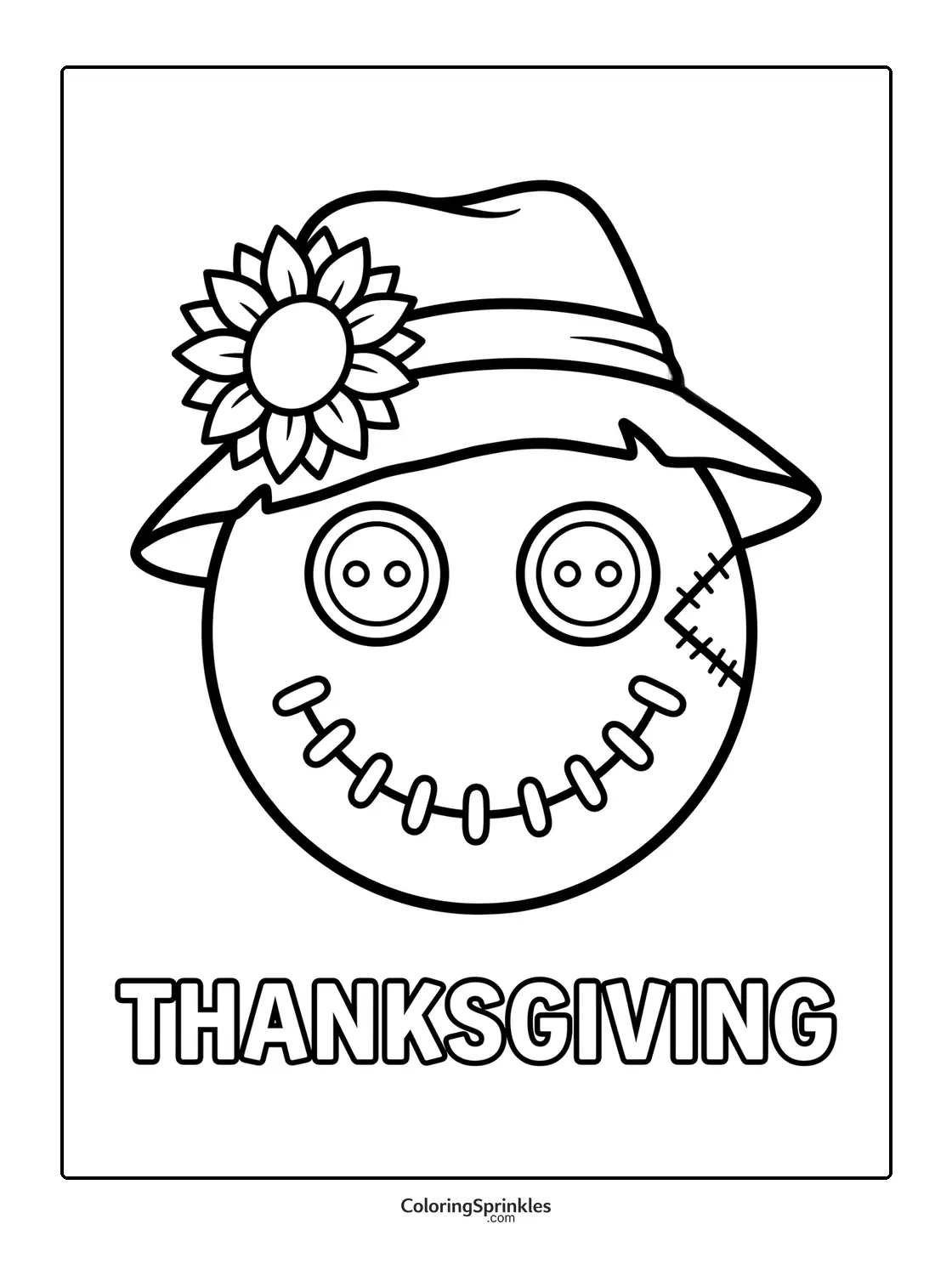 Coloring page of a scary smiley face with button eyes wearing a hat with a flower