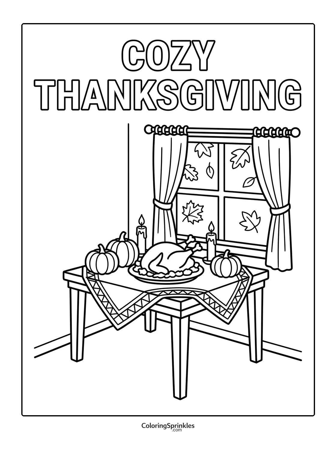 Coloring page of a Thanksgiving table with turkey, pumpkins and candles by a window with falling leaves