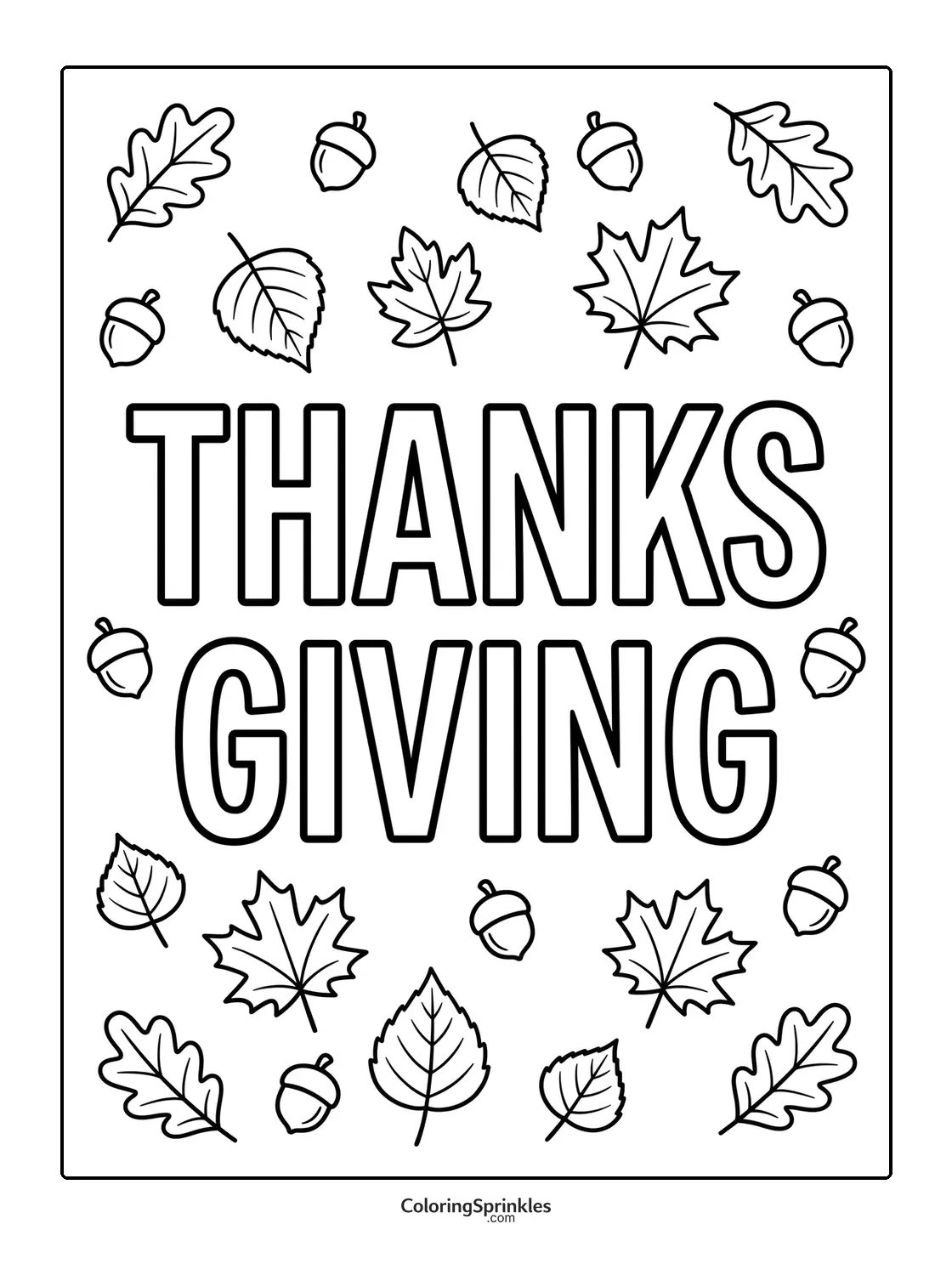 Coloring page of Thanksgiving text surrounded by leaves and acorns