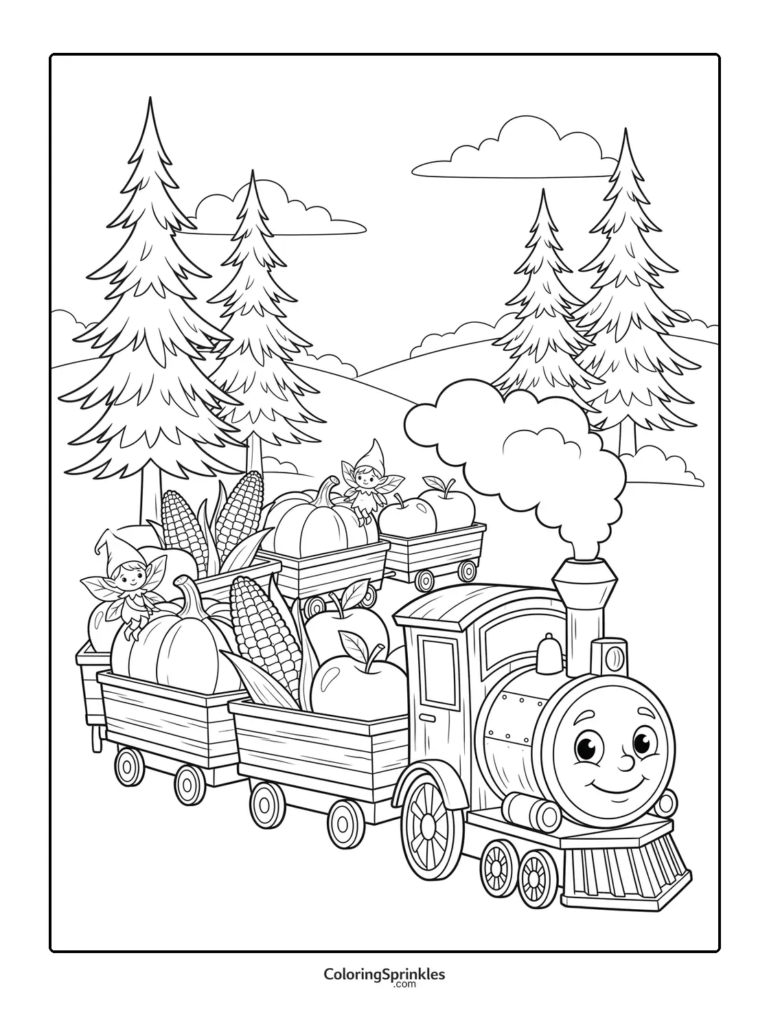 Coloring page of a Thanksgiving train carrying pumpkins, apples, and corn through a forest