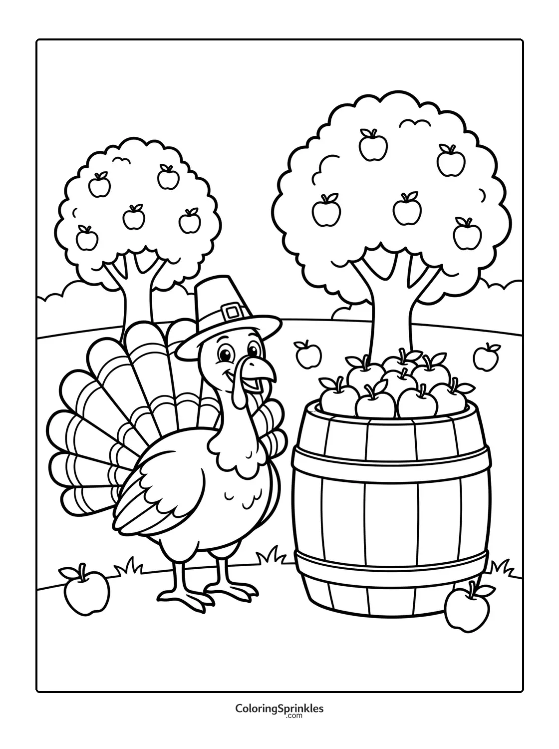Coloring page of a Thanksgiving turkey with apples and a barrel near apple trees