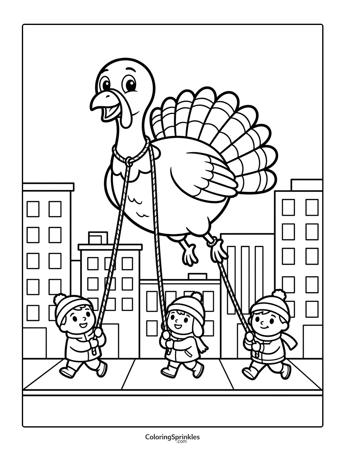 Coloring page of kids holding ropes to a giant Thanksgiving turkey balloon in a city