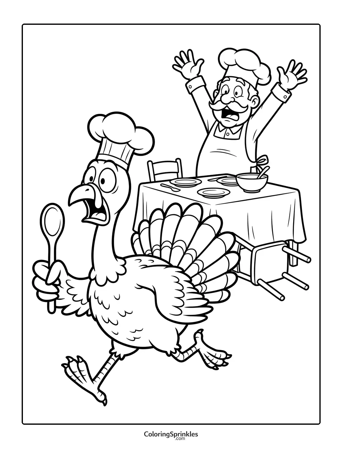 Coloring page of a Thanksgiving turkey chef running away from a surprised man at a table