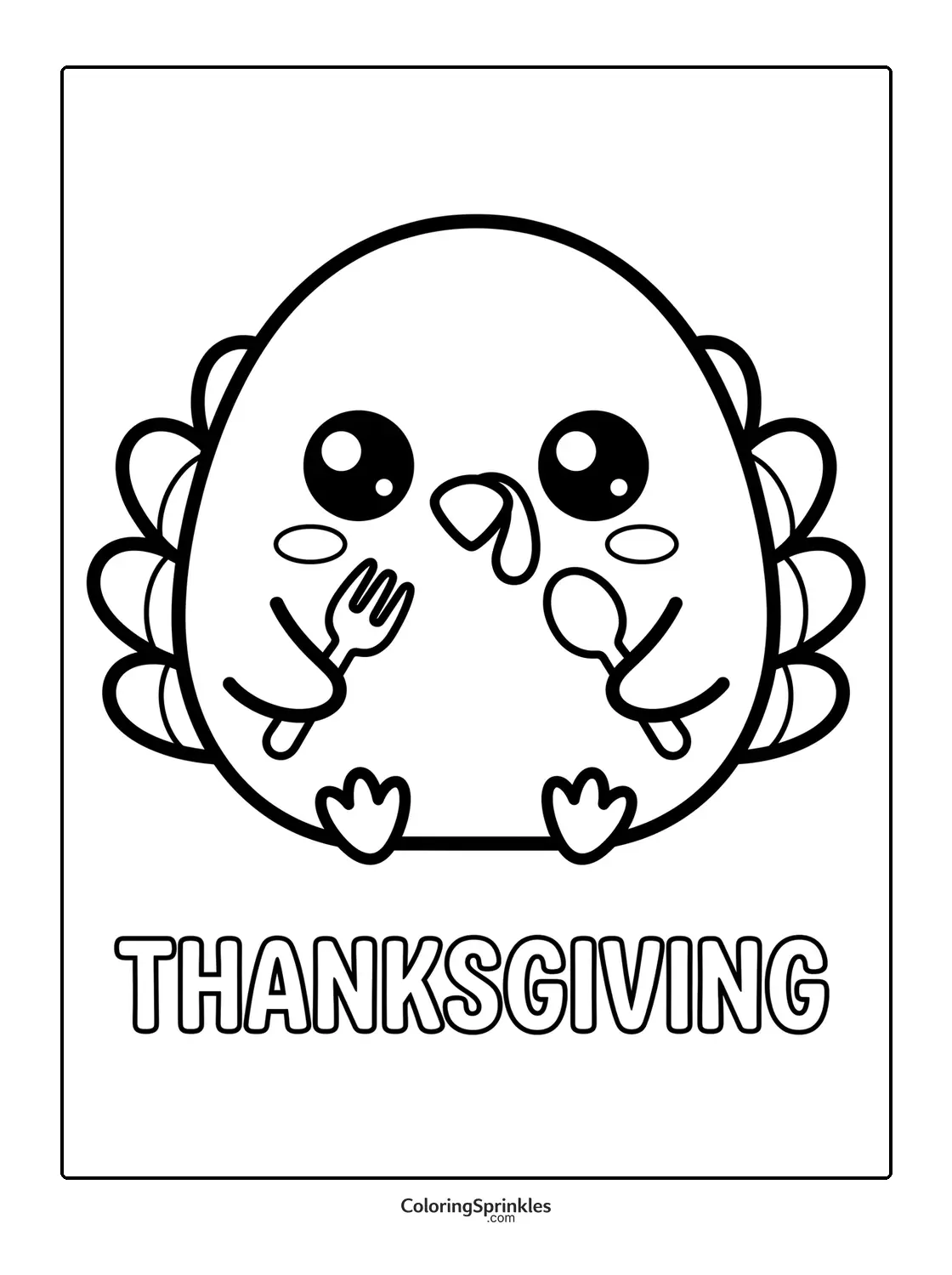 Coloring page of a cute Thanksgiving turkey holding a fork and spoon