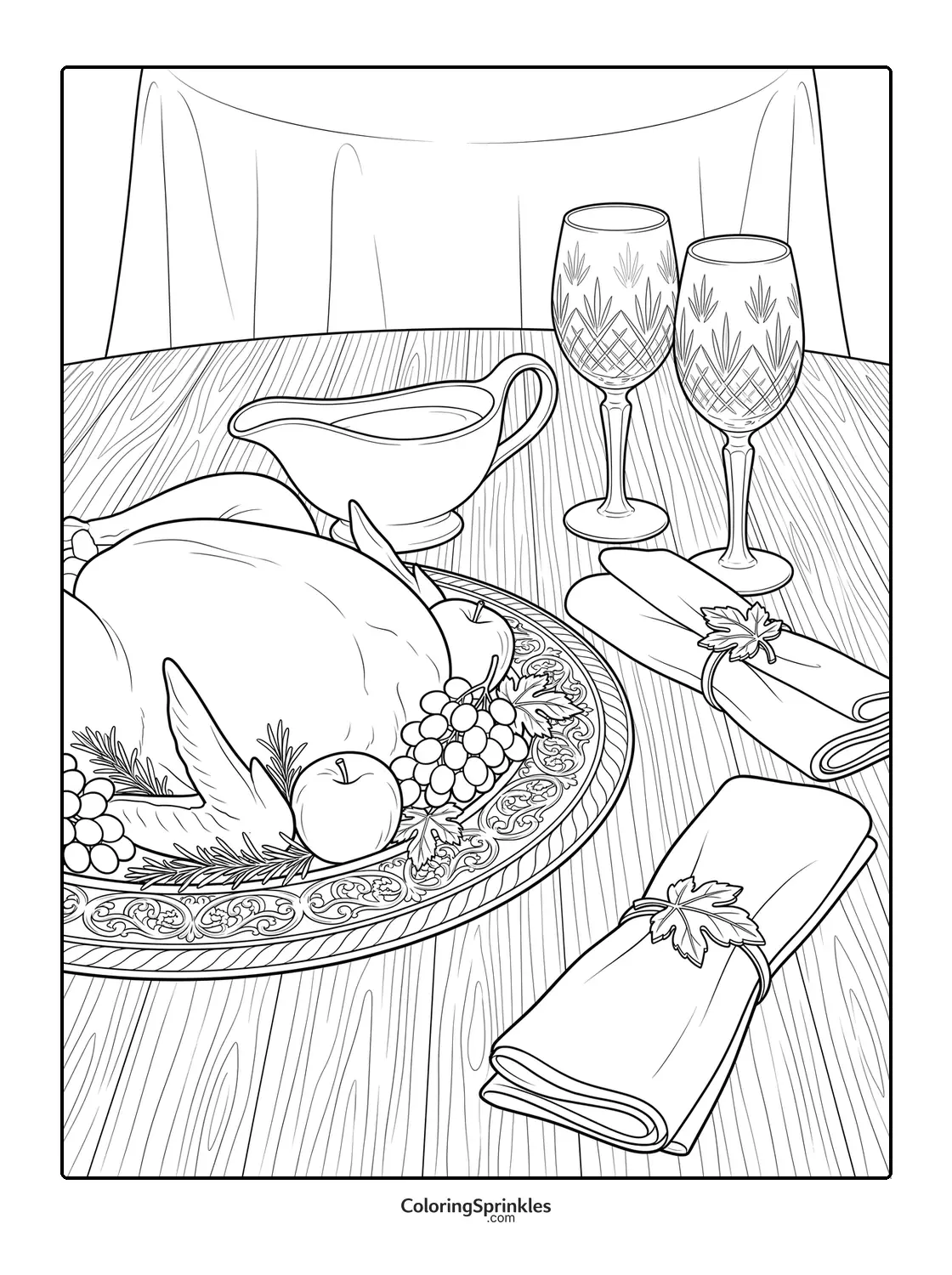 Coloring page of a Thanksgiving turkey with gravy boat, glasses and napkins on a table