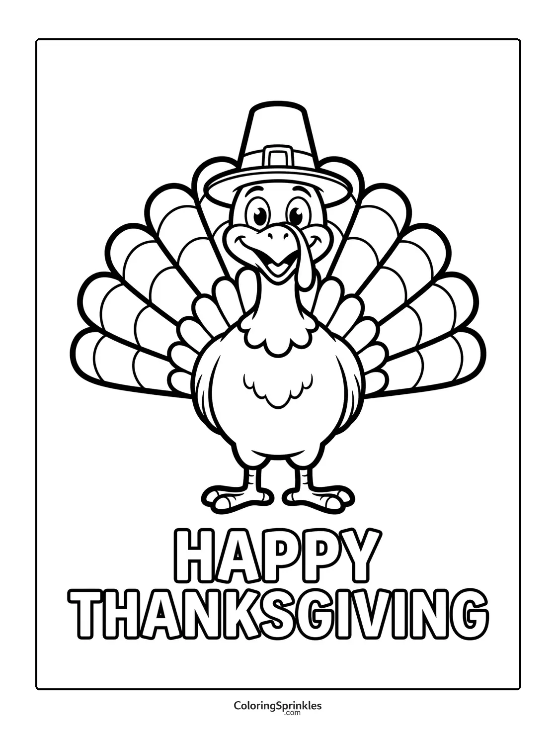 Coloring page of a happy Thanksgiving turkey wearing a pilgrim hat
