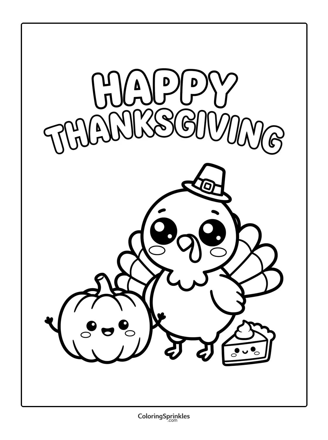 Coloring page of a happy turkey with a pumpkin and pie for Thanksgiving