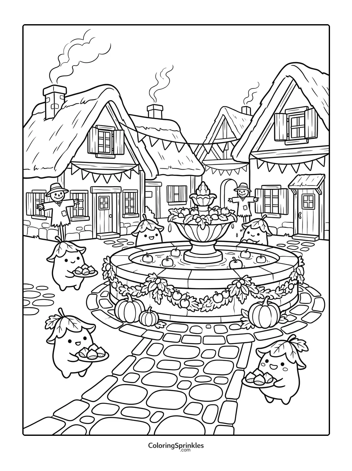 Coloring page of a Thanksgiving village scene with a fountain, pumpkins, and scarecrows