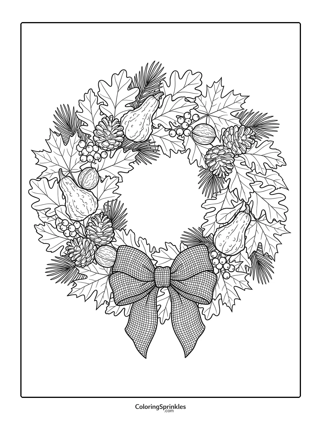 Coloring page of a Thanksgiving wreath with leaves, pinecones, gourds, and a bow