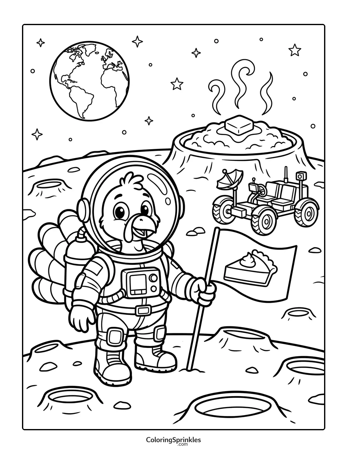 Coloring page of a turkey astronaut on the moon holding a pie flag with a rover and Earth in the background