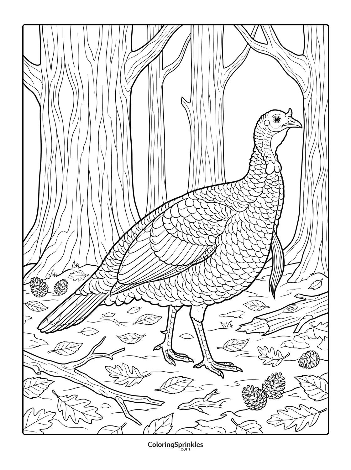 Coloring page of a turkey standing in a forest with fall leaves and pinecones